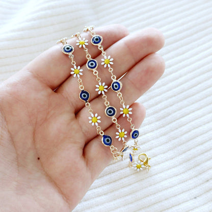 Gold Daisy Flower Bracelet with Evil Eye