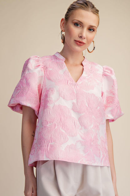 V-Neck Puff Sleeve Jacquard Top