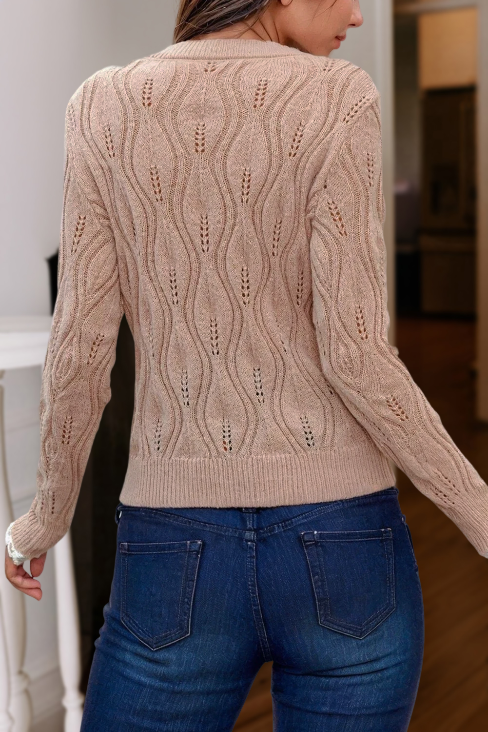 Pearl Beaded Lace Patch Pointelle Knit Sweater