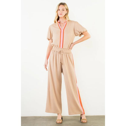 Puff Sleeve Stripe Detail V-Neck Top