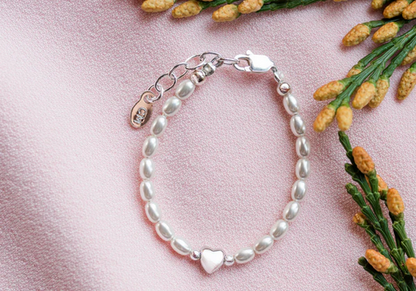 Sterling Silver Simulated Pearl Bracelet with Puff Heart for Kids