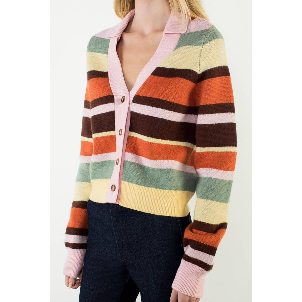 Multi Stripe Collared Colored Cardigan