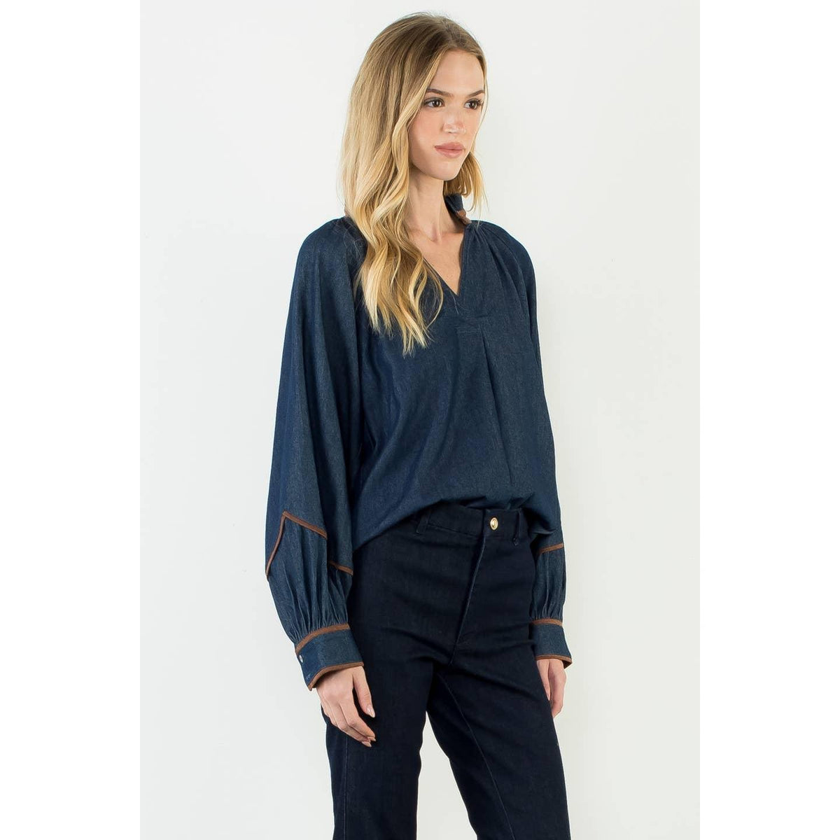 Denim High Low Top With Wide Sleeves