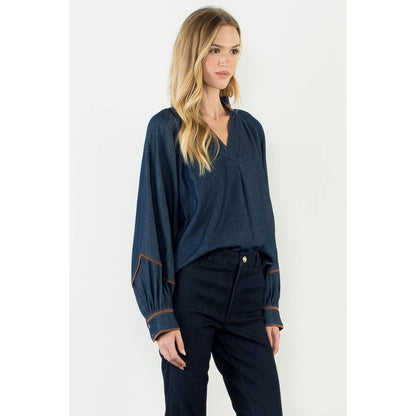 Denim High Low Top With Wide Sleeves