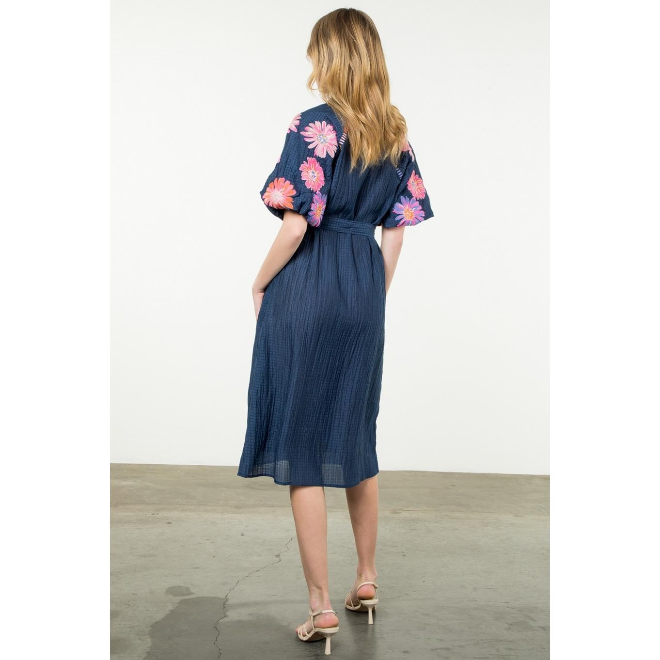 Embroidered Puff Sleeve Textured Dress