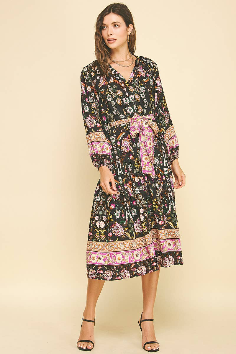 BORDER PRINT TIERED MIDI DRESS