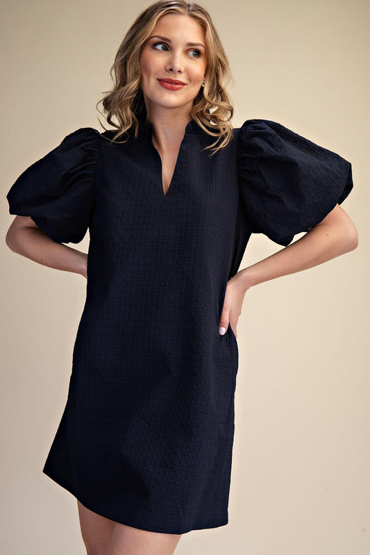 Textured Fabric Ruffle V-Neck Puff Sleeve Mini Dress