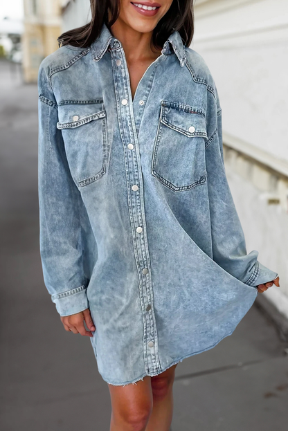 Chest Pocket Raw Hem Denim Shirt Dress | S-XL