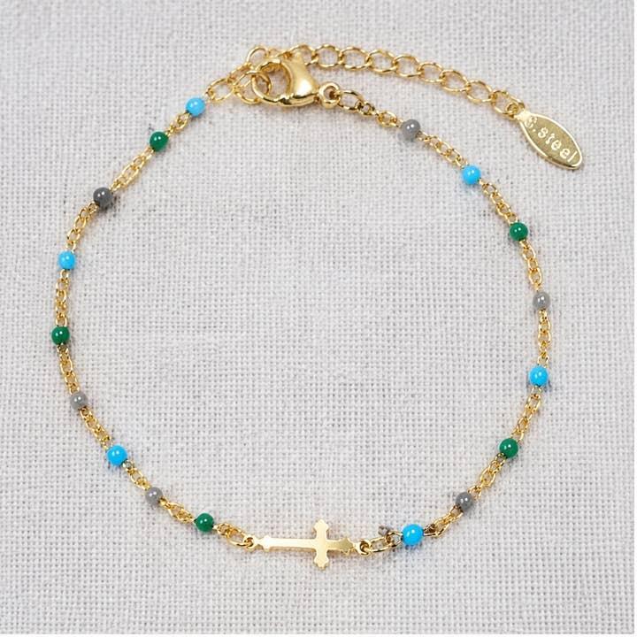 Colorful Enamel Bead and Cross Stainless Steel Bracelet