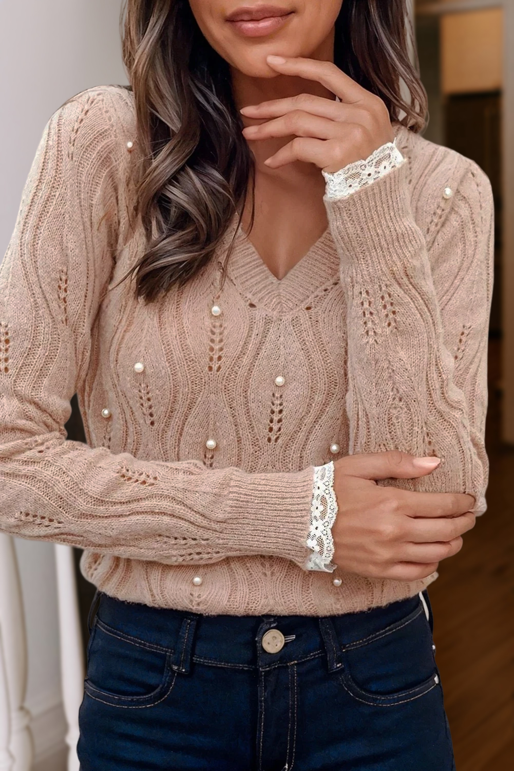 Pearl Beaded Lace Patch Pointelle Knit Sweater