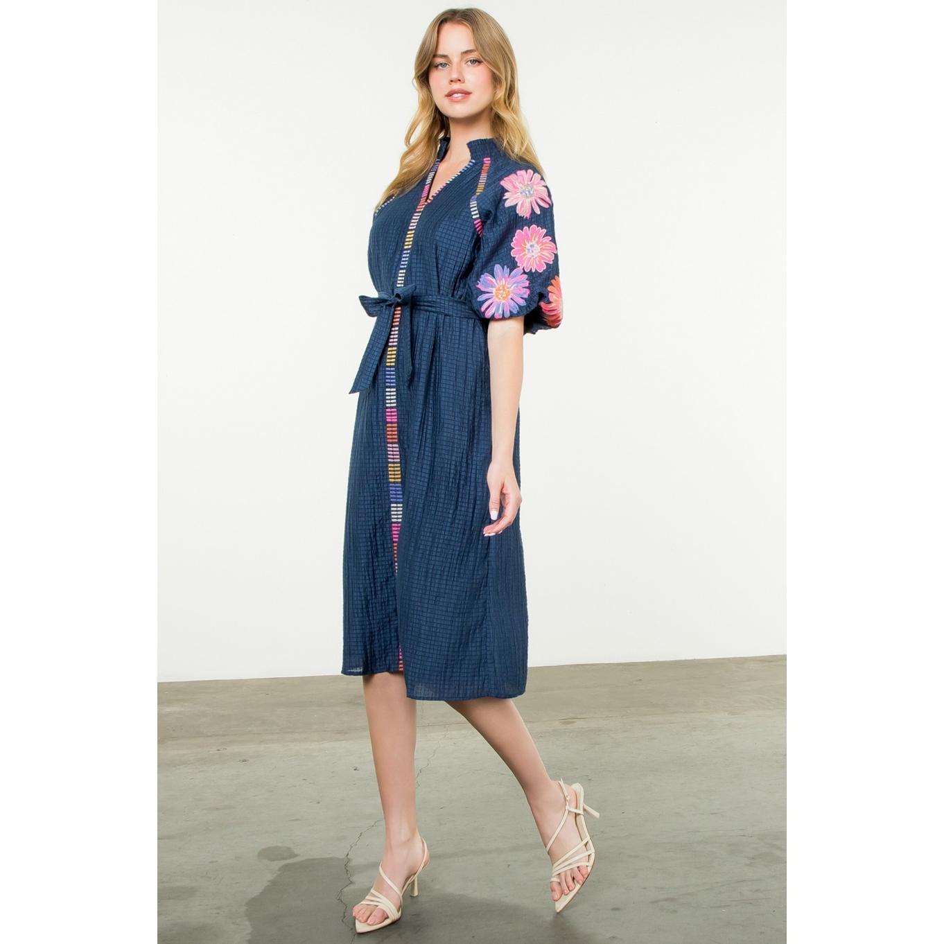 Embroidered Puff Sleeve Textured Dress