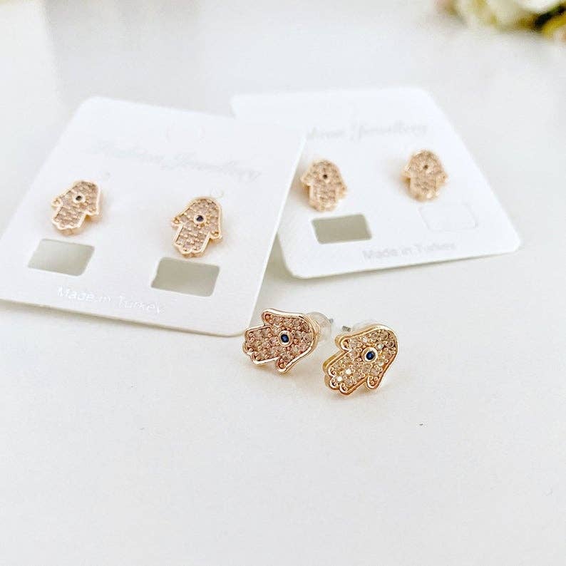 Hamsa Earrings, Hamsa Hand Stud Earrings, Evil Eye Earring, Zircon