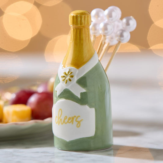 Champagne Bottle Pick Holder w/ 20 pearl cocktail picks
