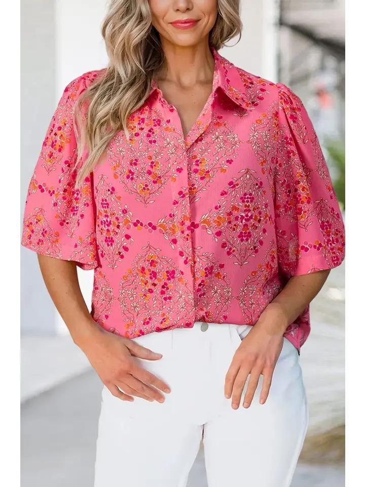 Floral Print Wide Short Sleeve Summer Shirt