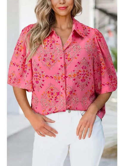 Floral Print Wide Short Sleeve Summer Shirt