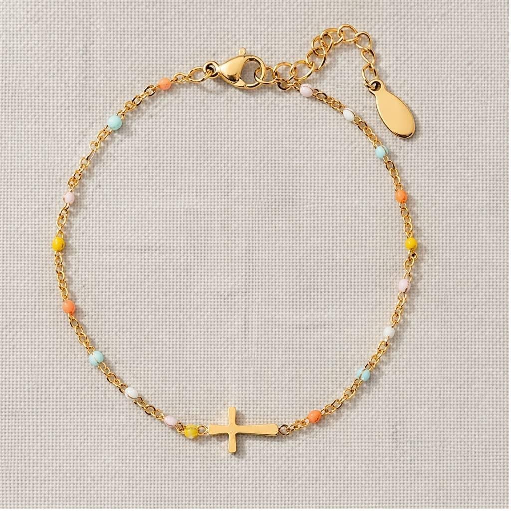 Colorful Enamel Bead and Cross Charm Bracelet