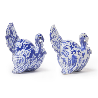 Blue & White Hand-Painted Turkeys