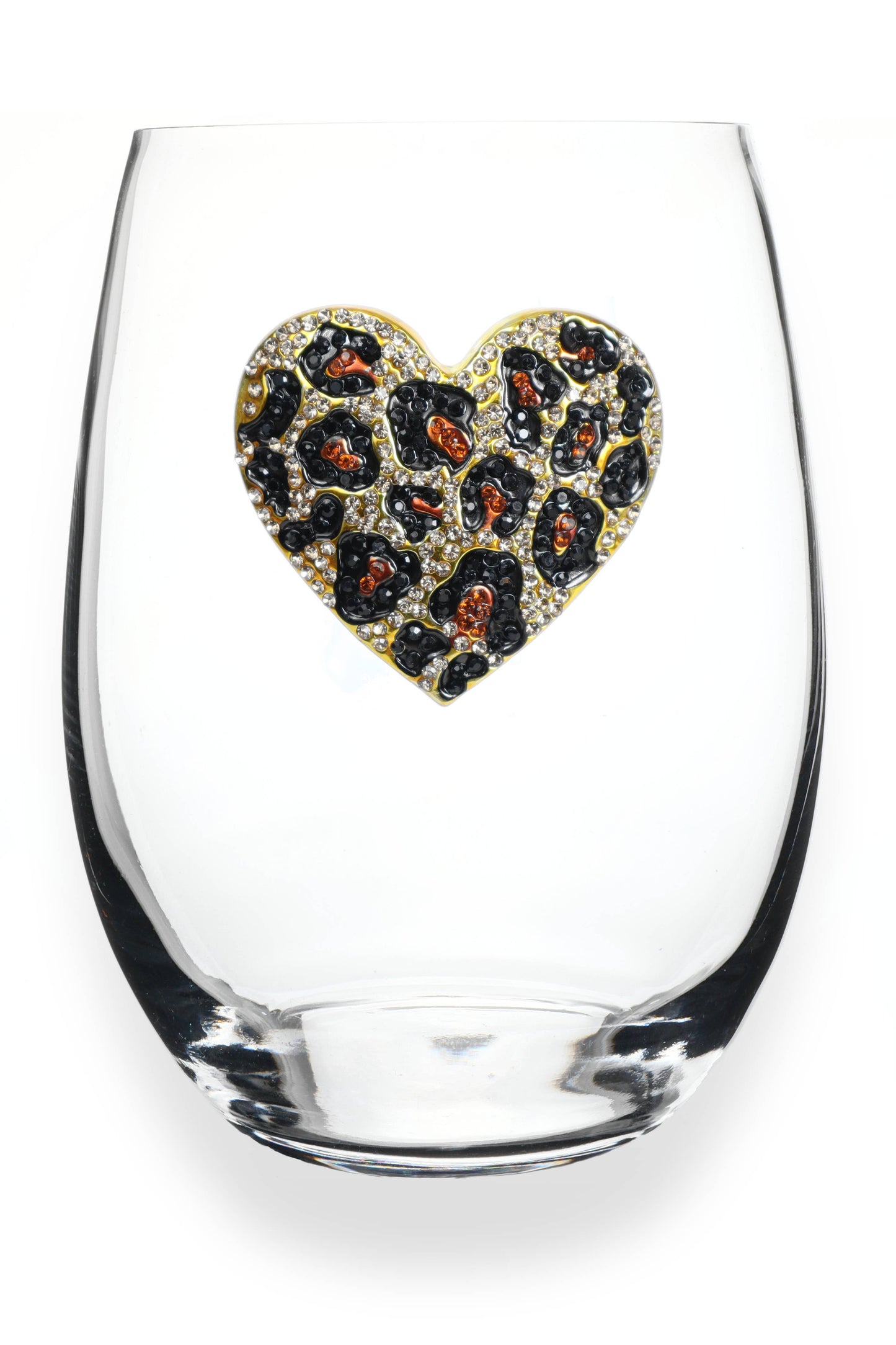 Leopard Heart Jeweled Stemless Wine Glass