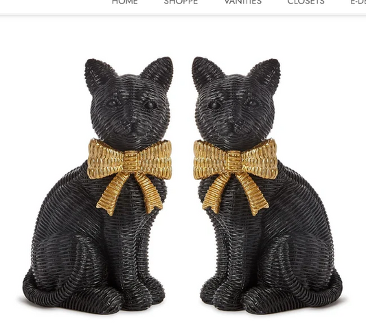 Wicker Weave Pattern Black Cats with Gold Bow