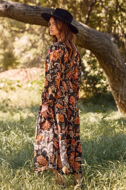 Plus Floral Printed Long Sleeve Midi Dress