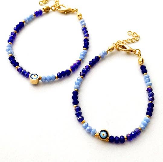 Blue Seed Beads Evil Eye Bracelet, Minimal Unisex Bracelet