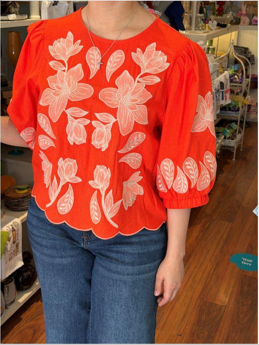 Short Sleeve Embroidered Floral Top