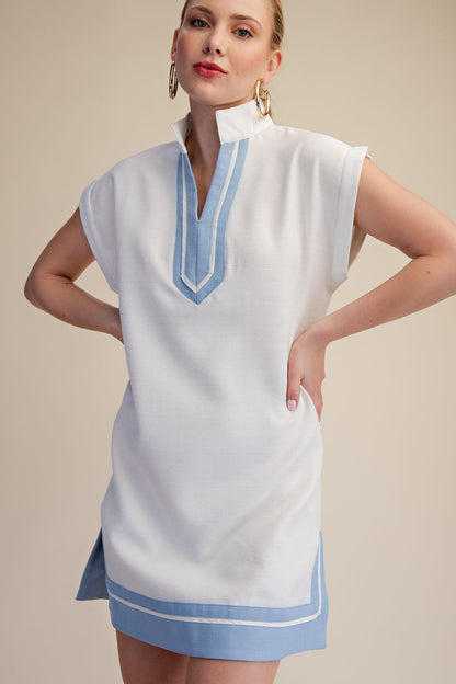 Stand Collar Contrast Placket Sleeveless Relaxed Fit Mini Dress