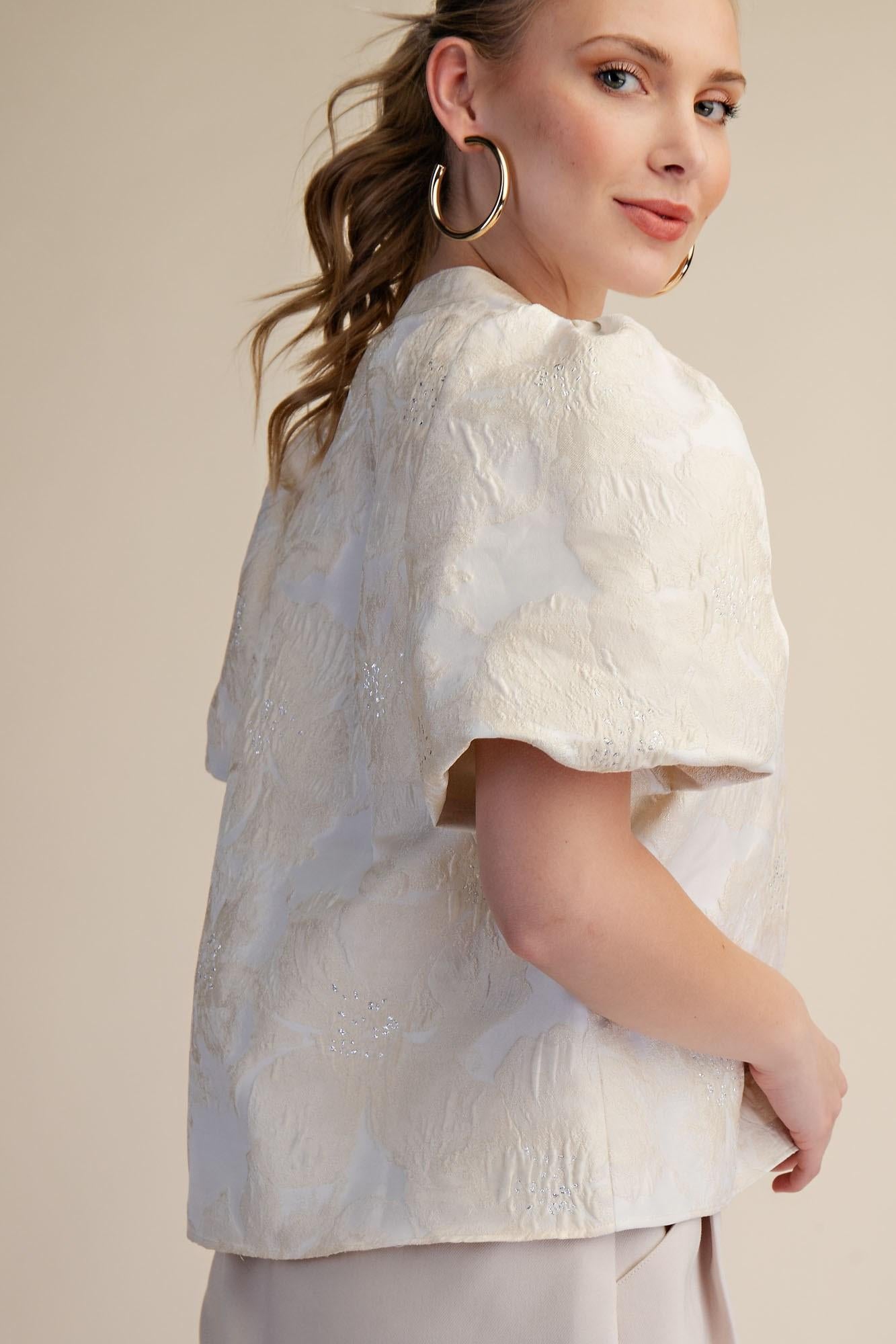 V-Neck Puff Sleeve Jacquard Top