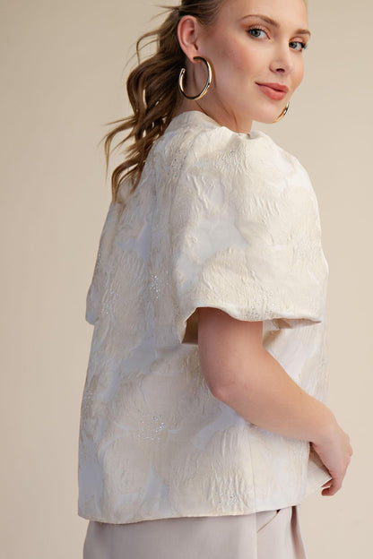 V-Neck Puff Sleeve Jacquard Top