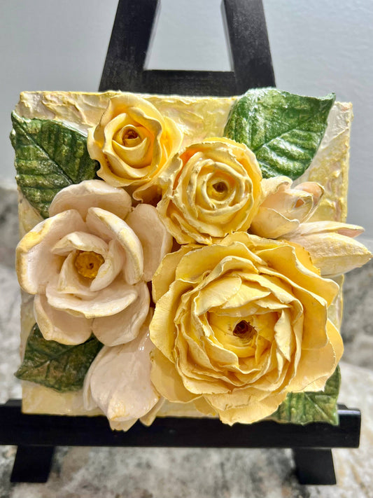 6X6 inch Clay Floral Bouquet Artwork - Rose & Magnolia