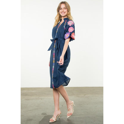 Embroidered Puff Sleeve Textured Dress