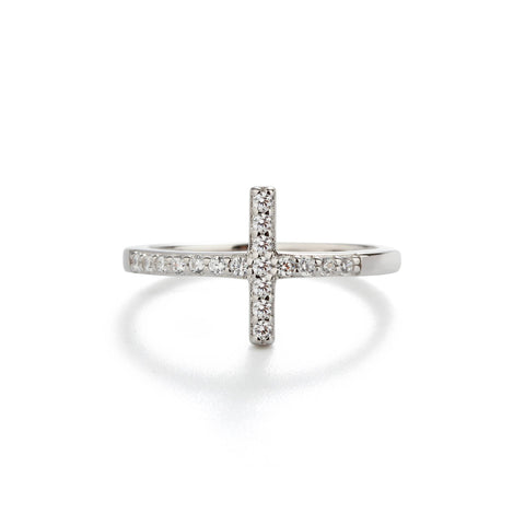 Girls and Womens Sterling Silver Cross Ring with CZs