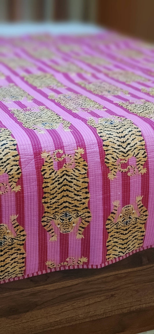 Pink Tiger Quilted Cotton Bed Throw Blanket