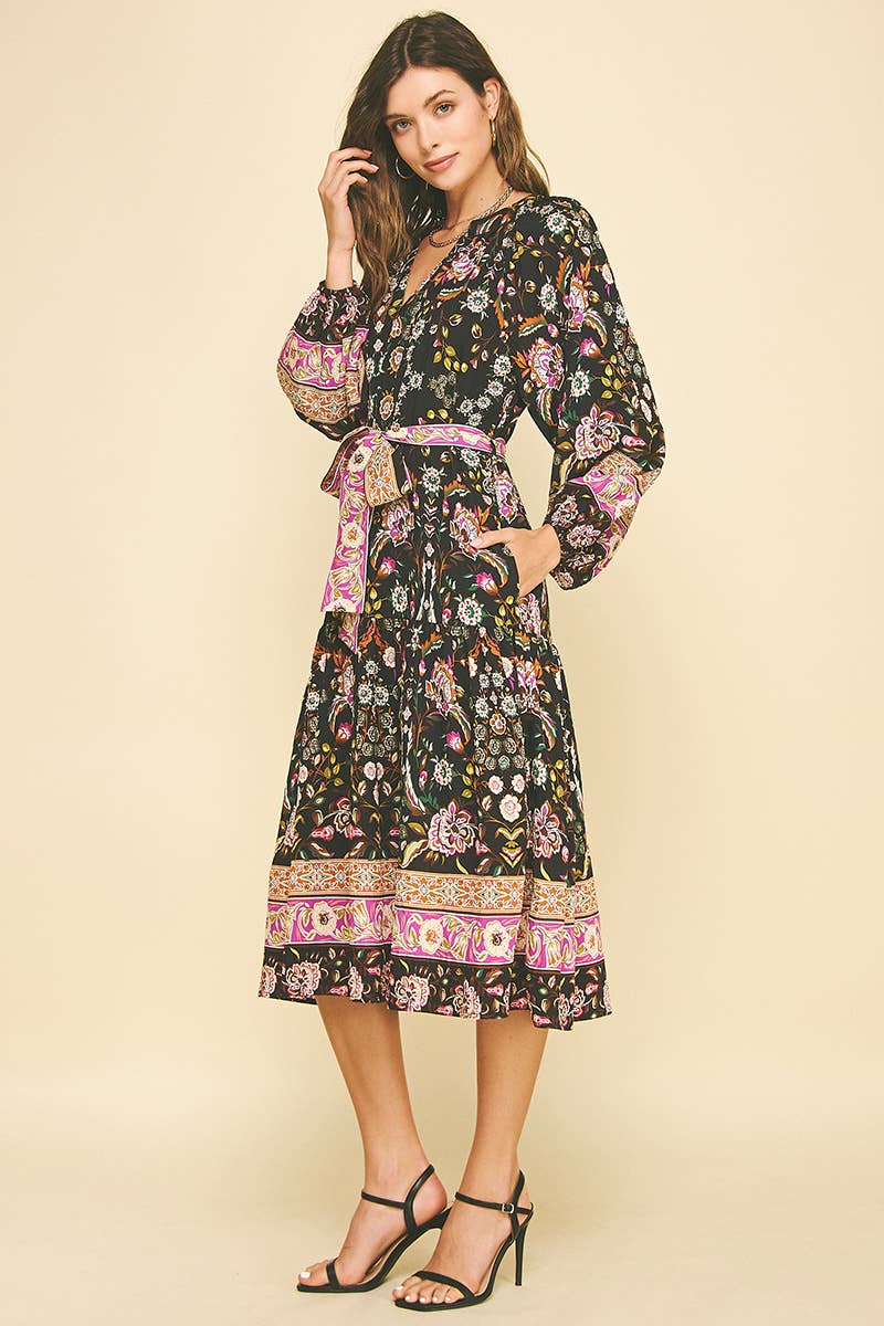 BORDER PRINT TIERED MIDI DRESS