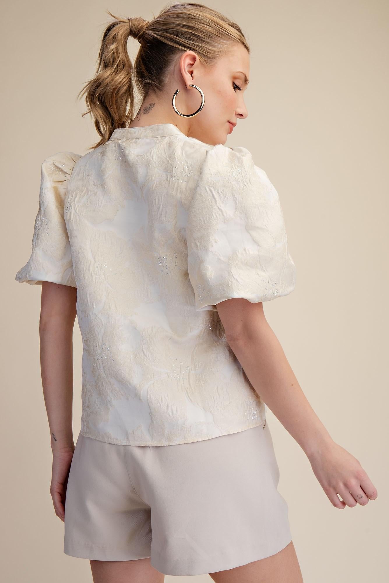 V-Neck Puff Sleeve Jacquard Top