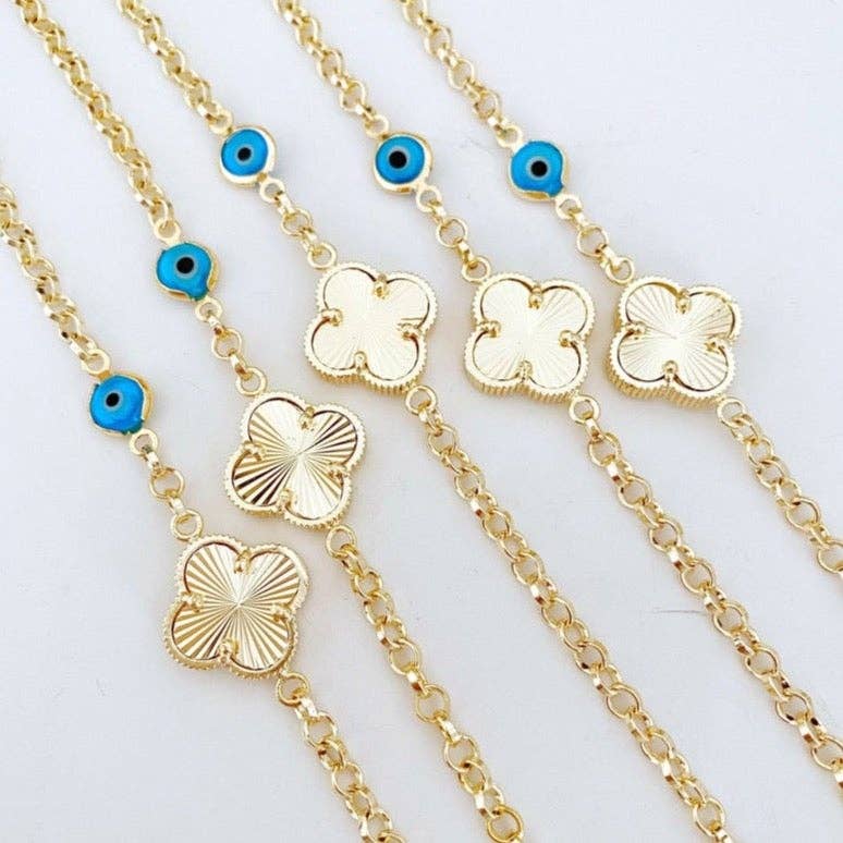 Gold Clover Bracelet, Blue Evil Eye Bead, Lucky Clover Charm, Good Luck