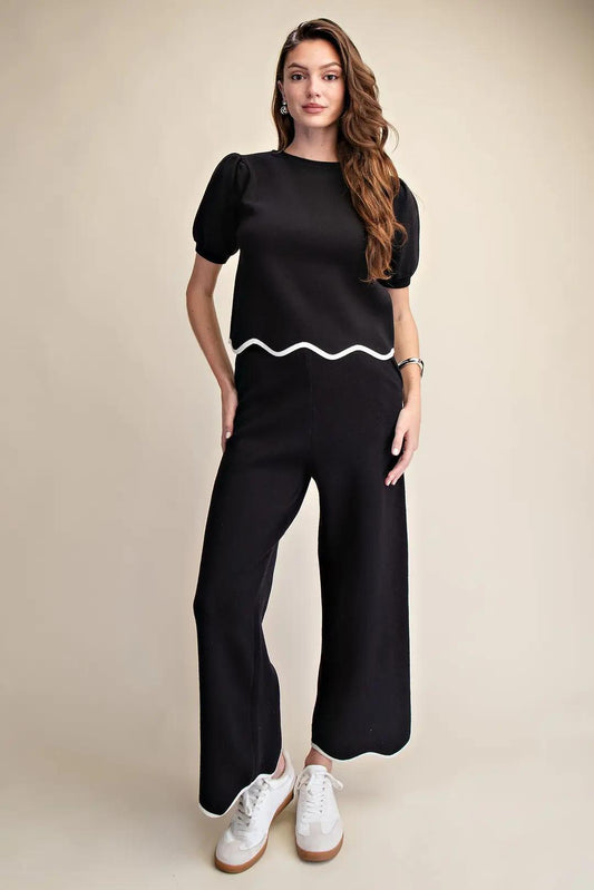 High Waist Elastic Band Scallop Pants