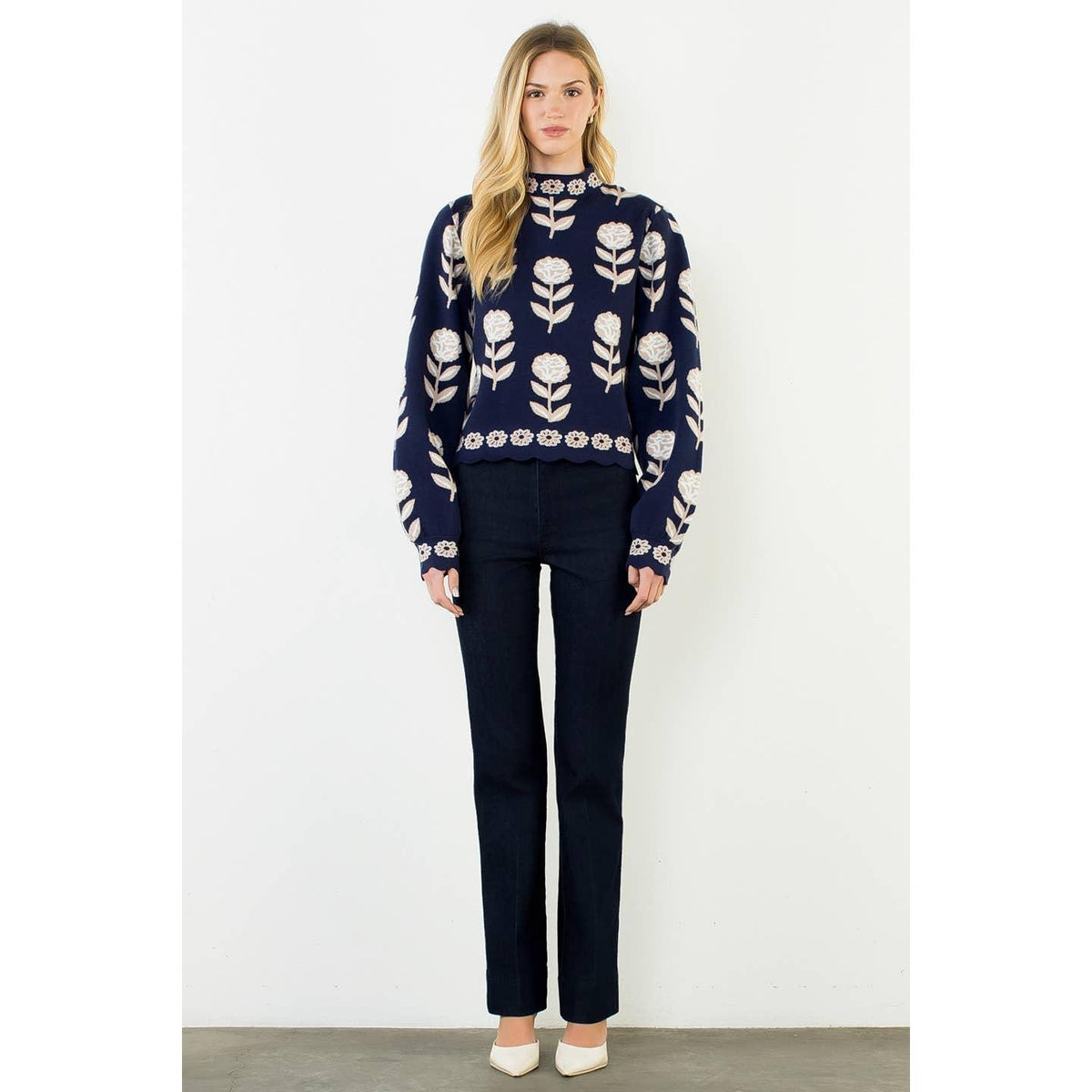 Flower Print Turtle Neck Sweater