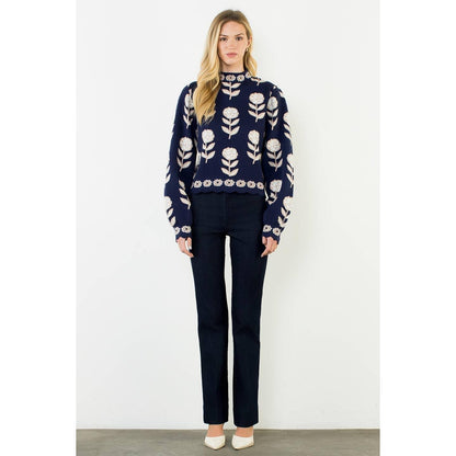 Flower Print Turtle Neck Sweater