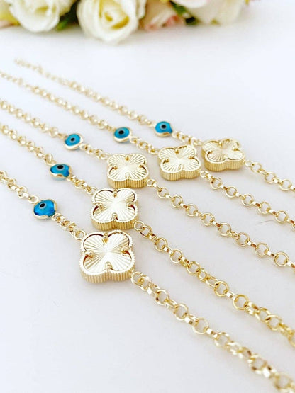 Gold Clover Bracelet, Blue Evil Eye Bead, Lucky Clover Charm, Good Luck