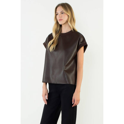 Leather Short Sleeve Crewneck Top