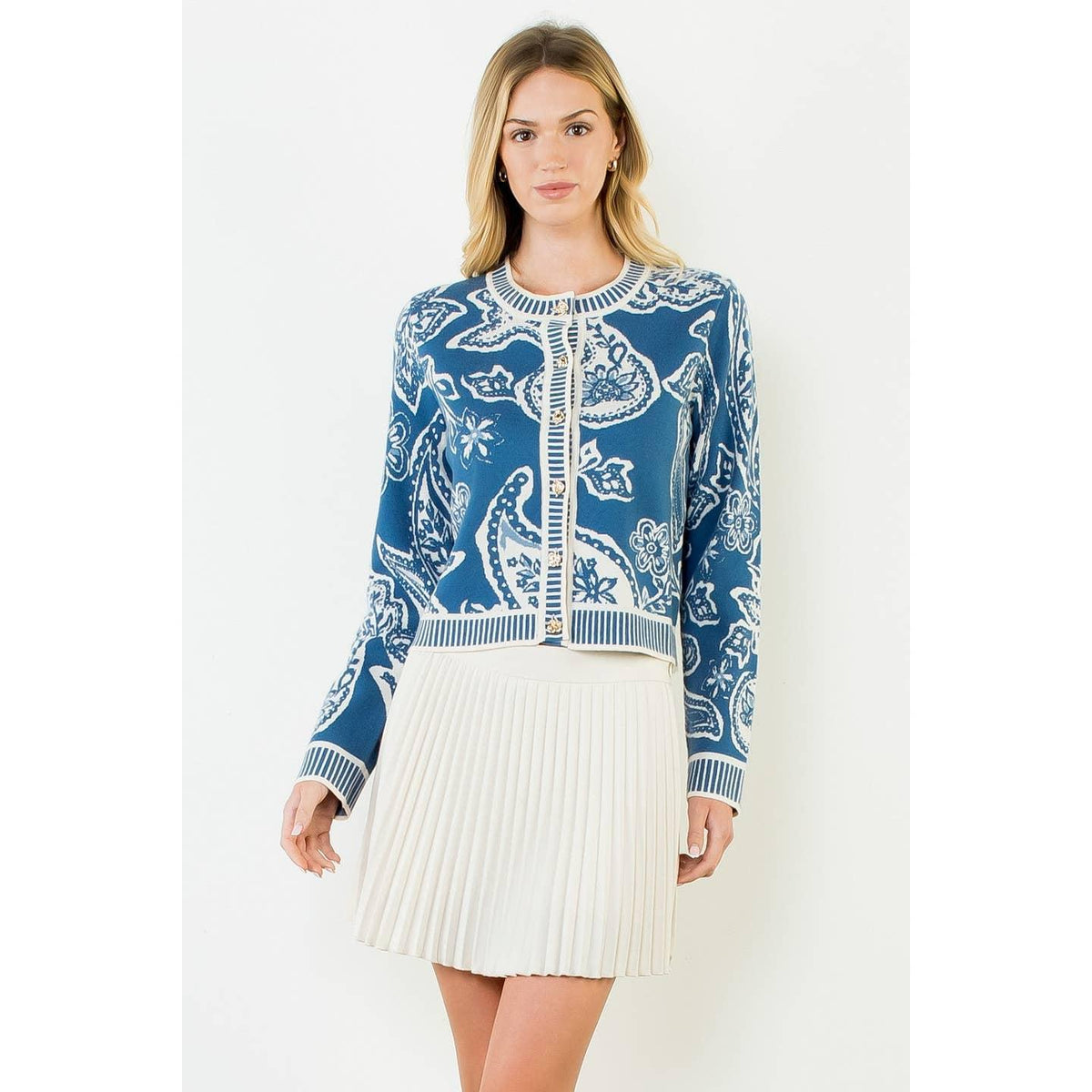 Long Sleeve Paisley Print Knit Cardigan