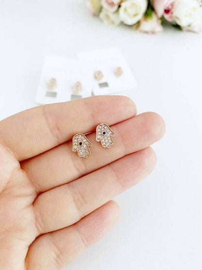 Hamsa Earrings, Hamsa Hand Stud Earrings, Evil Eye Earring, Zircon