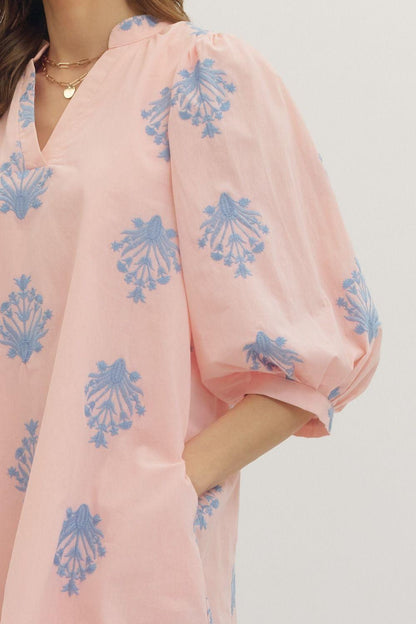 3/4 Puff Sleeve Embroidered Mini Dress