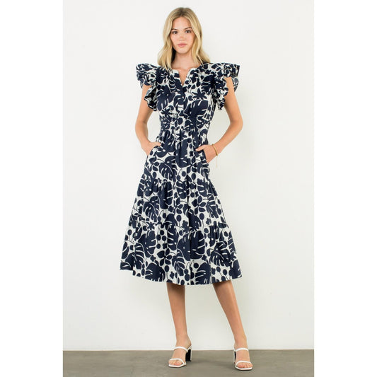 Flutter Sleeve Print Midi Dress