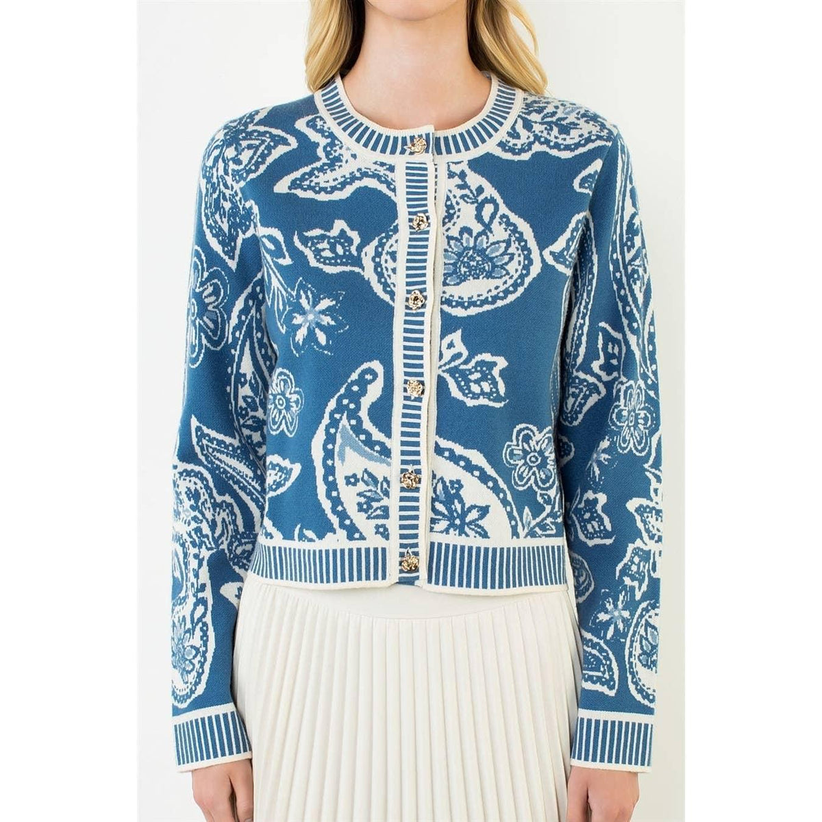 Long Sleeve Paisley Print Knit Cardigan