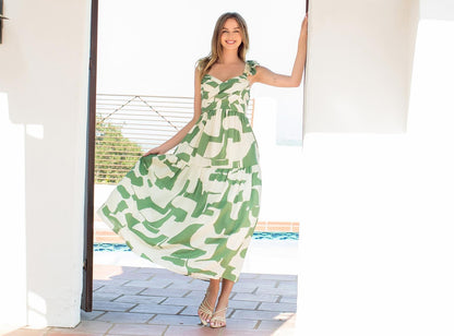 Ruffle Strap Abstract Tiered Maxi Dress