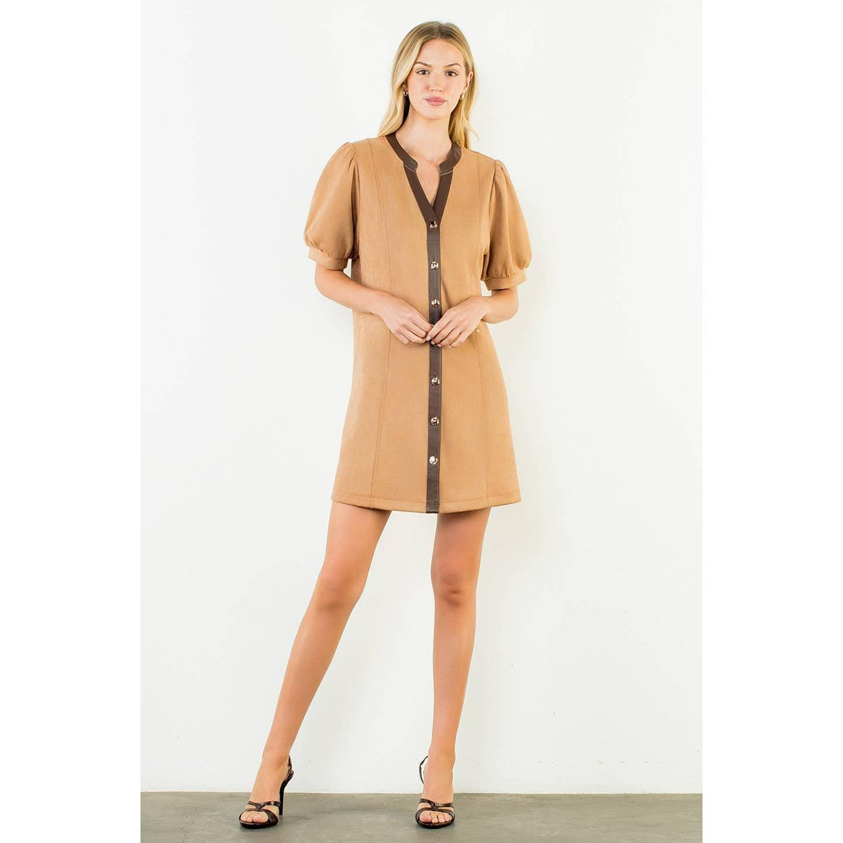 Suede Short Dress With Gold Buttons