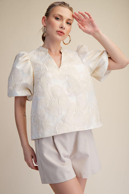 V-Neck Puff Sleeve Jacquard Top