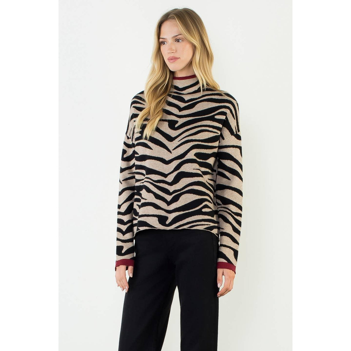 High Neck Zebra Printed Long Sleeve Knit Top